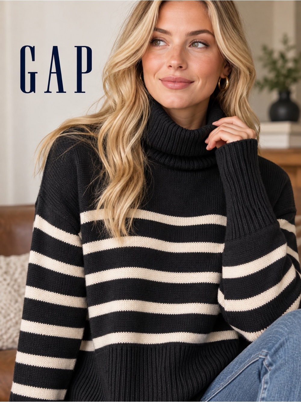 GAP Black and Cream Striped Cowl Neck Sweater
